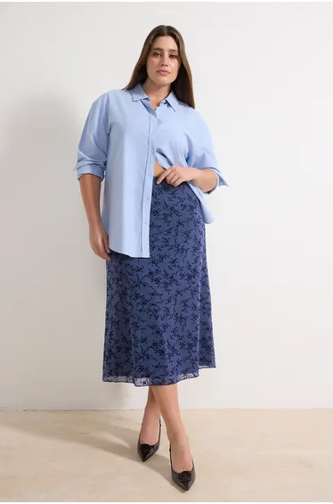 Blue Flock Patterned Knitted Plus Size Skirt