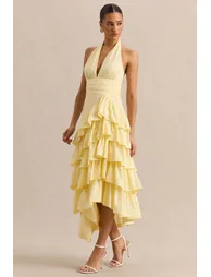 Velora | Lemon Asymmetric Midi Dress With Tiered-Ruffled Skirt - 3