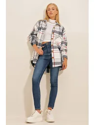 Women's Navy Blue-Striped Checked Patterned Stamped Cotton Oversized Safari Jacket Shirt - 3