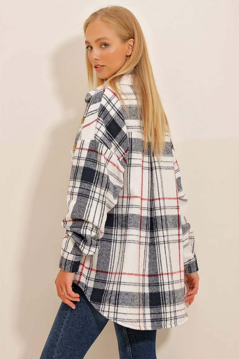 Women's Navy Blue-Striped Checked Patterned Stamped Cotton Oversized Safari Jacket Shirt - 5