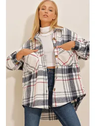 Women's Navy Blue-Striped Checked Patterned Stamped Cotton Oversized Safari Jacket Shirt - 4