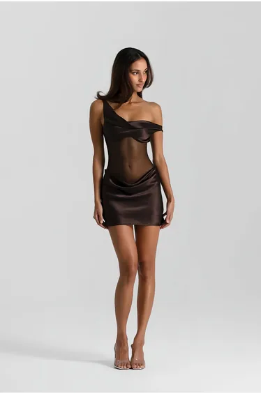Pernilla Brown One Shoulder Satin Mini Dress