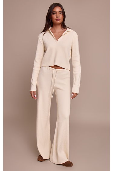 Cream Ribbed Wide Leg Knit Trousers