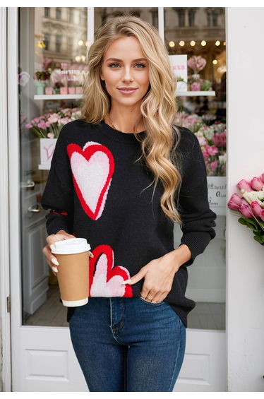 Heart Fluttering Crew Neck Knit Sweater in Black