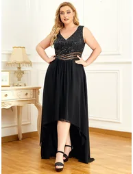 Elegant Paillette & Chiffon V-neck A-line Sleeveless Plus Size Formal Evening Dresses