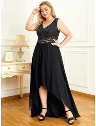 Elegant Paillette & Chiffon V-neck A-line Sleeveless Plus Size Formal Evening Dresses - 2