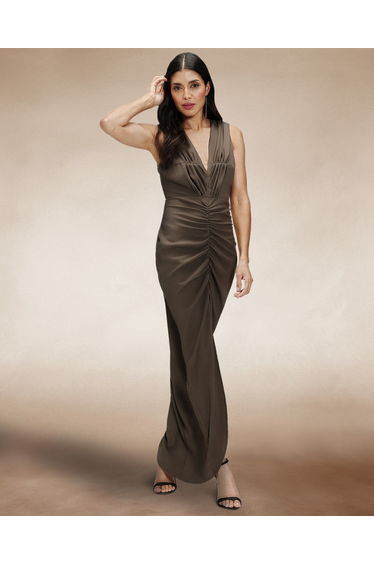 Deep V-Neck Ruched Dress