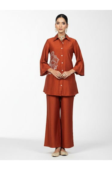 Women Embroidered Shirt and Wide Leg Trousers Co-ords