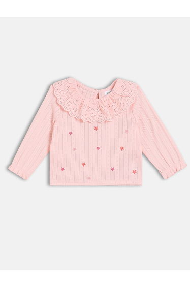 Girls Embroidered Knit Top with Ruffle Collar