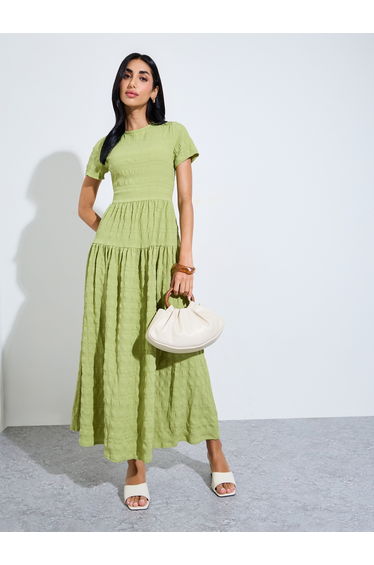 Green Textured Tiered Maxi Dress