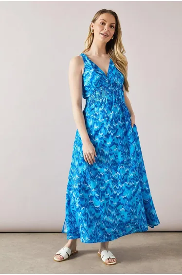 Abstract Print Shirred Waist Maxi Dress