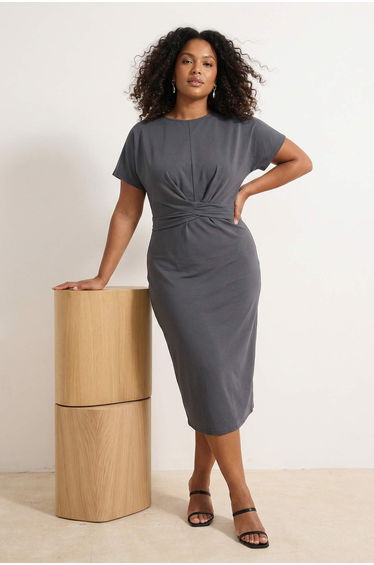 Anthracite Straight Cut Tie Detail Slit Maxi/Long 100% Cotton Knitted Plus Size Dress