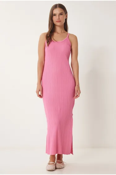 Women's Pink Strappy Summer Knitwear Dress