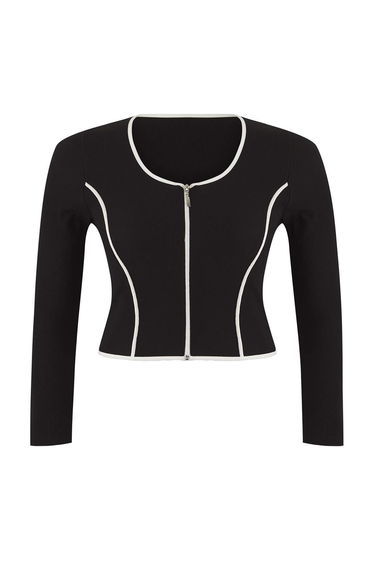 Teen Black Contrast Piping Detailed Fitted/Fits-Your-Sit Zippered Collar Flexible Knitted Blouse
