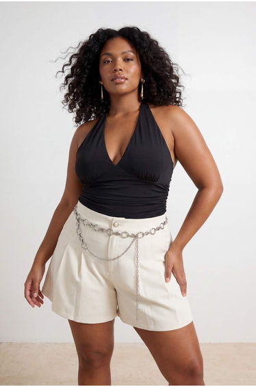 Black Halter Neck Sandy Knitted Plus Size Blouse