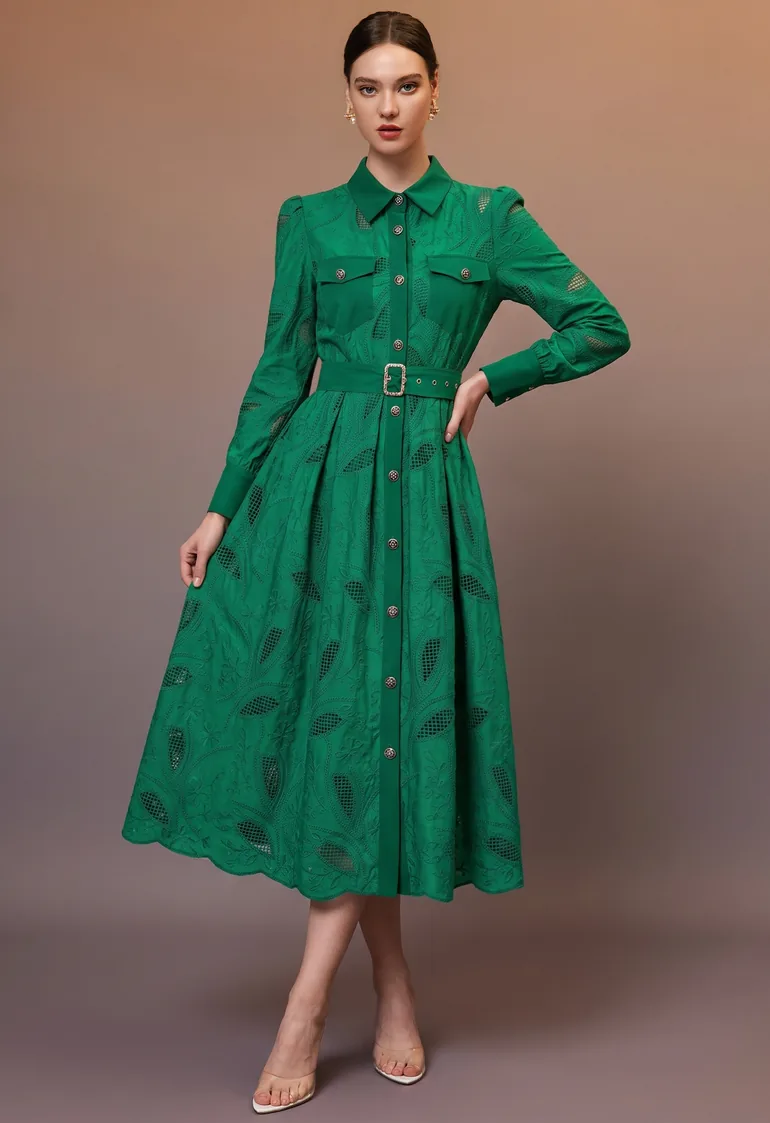 Floral Leaf Cutwork Embroidered Belted Shirt Dress in Green