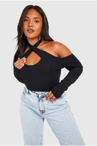 Plus Cross Over Cold Shoulder Rib Top - black