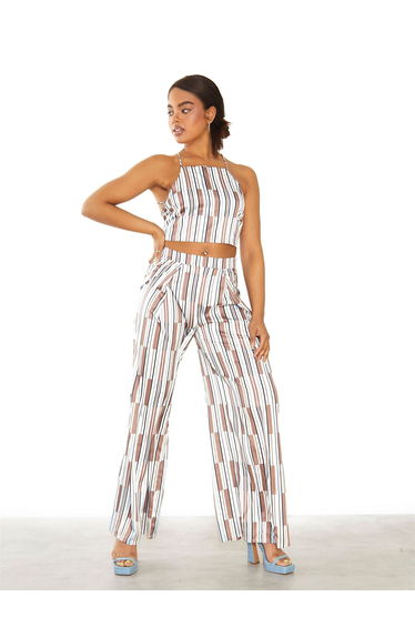 Brown Blue Stripe Tie Back Crop Top