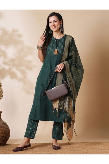 Embroidered Tie-Up Neck Straight Kurta with Pants and Dupatta Set