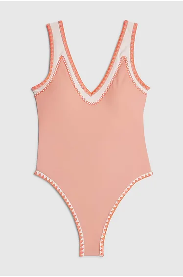 Pink Whipstitch Plunge Swimsuit