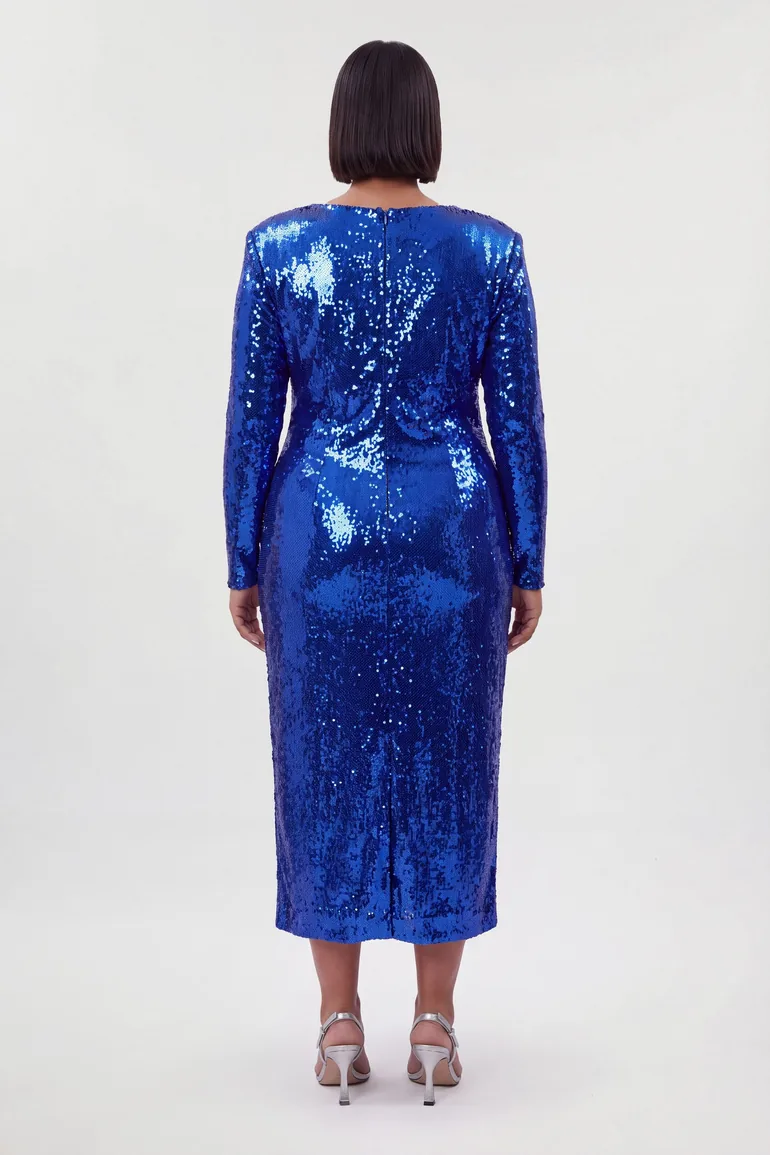 Plus Size Sequin Plunge Cowl Neck Strong Shoulder Long Sleeve Midi Dress - 1