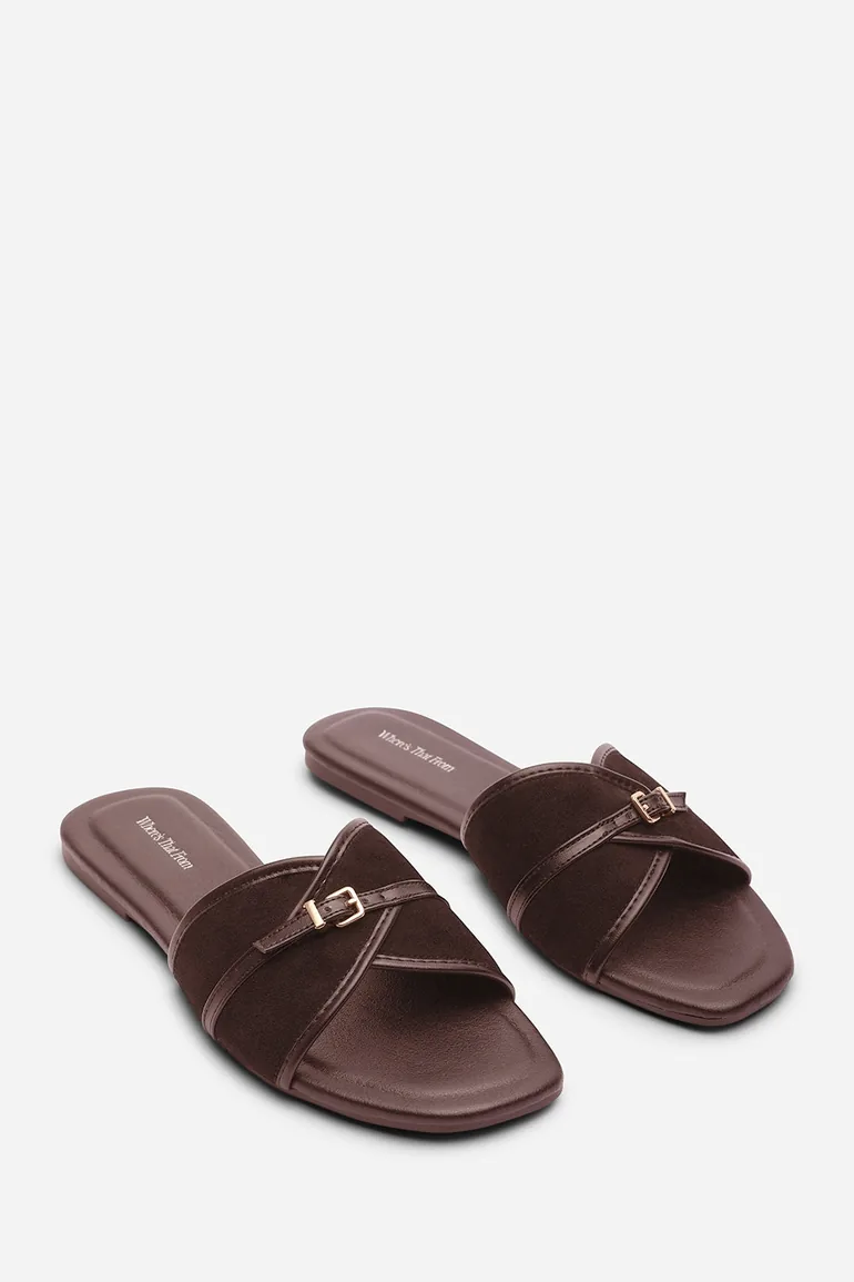 Mariva Cross Over Buckle Dark Brown Suede Slide On Sandal - 3