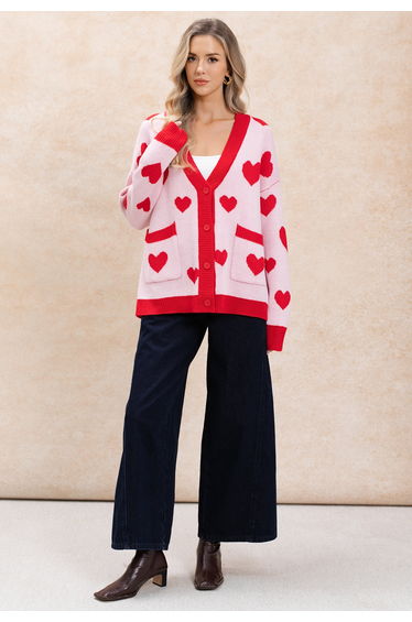 Heart Motif Patch Pockets Oversized Knit Cardigan in Light Pink product thumbnail 2