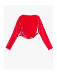 Gathered Long Sleeve Crew Neck Velvet Blouse - 1