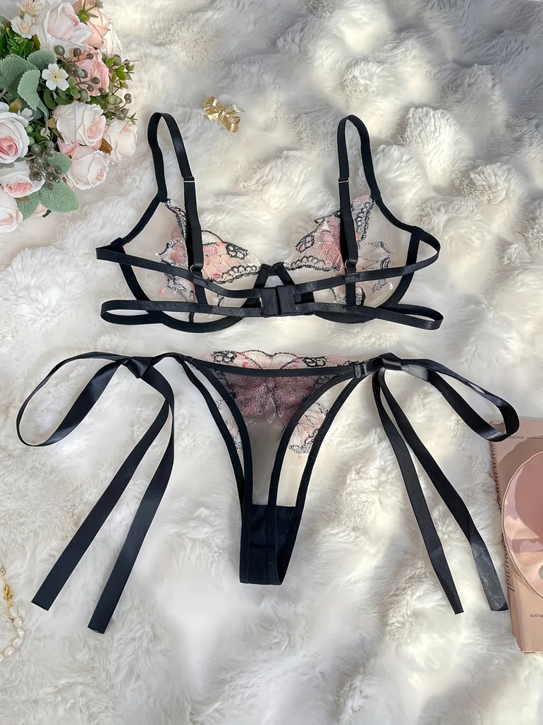 Butterfly Embroidered Mesh Non Padded Wired Bra and Tie-up Thong Lingerie Set - 1