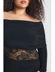 Plus Asymmetric Neckline Lace Insert Long Sleeve Maxi Dress - black - 3