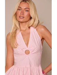 Pink Woven Ring Detail Halterneck Shift Mini Dress - 3
