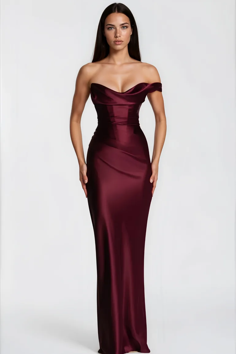 Hannah Burgundy One Shoulder Satin Maxi Dress - 1