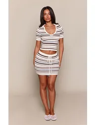 Petite Cream Contrast Stripe Button Detail Collar V Neck Knitted Top
