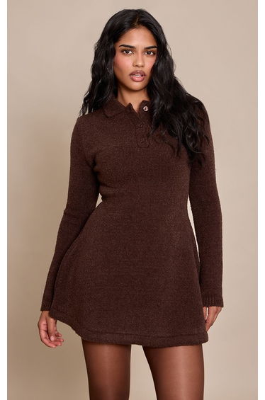 Petite Chocolate Flippy Long Sleeve Knitted Mini Dress product thumbnail 2
