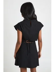 Pinstripe Ruched High Neck Cap Sleeve Shift Dress - black - 2