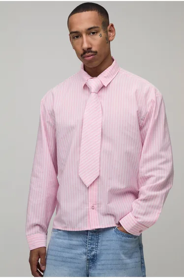 Oversized Boxy Stripe Shirt and Tie - pink