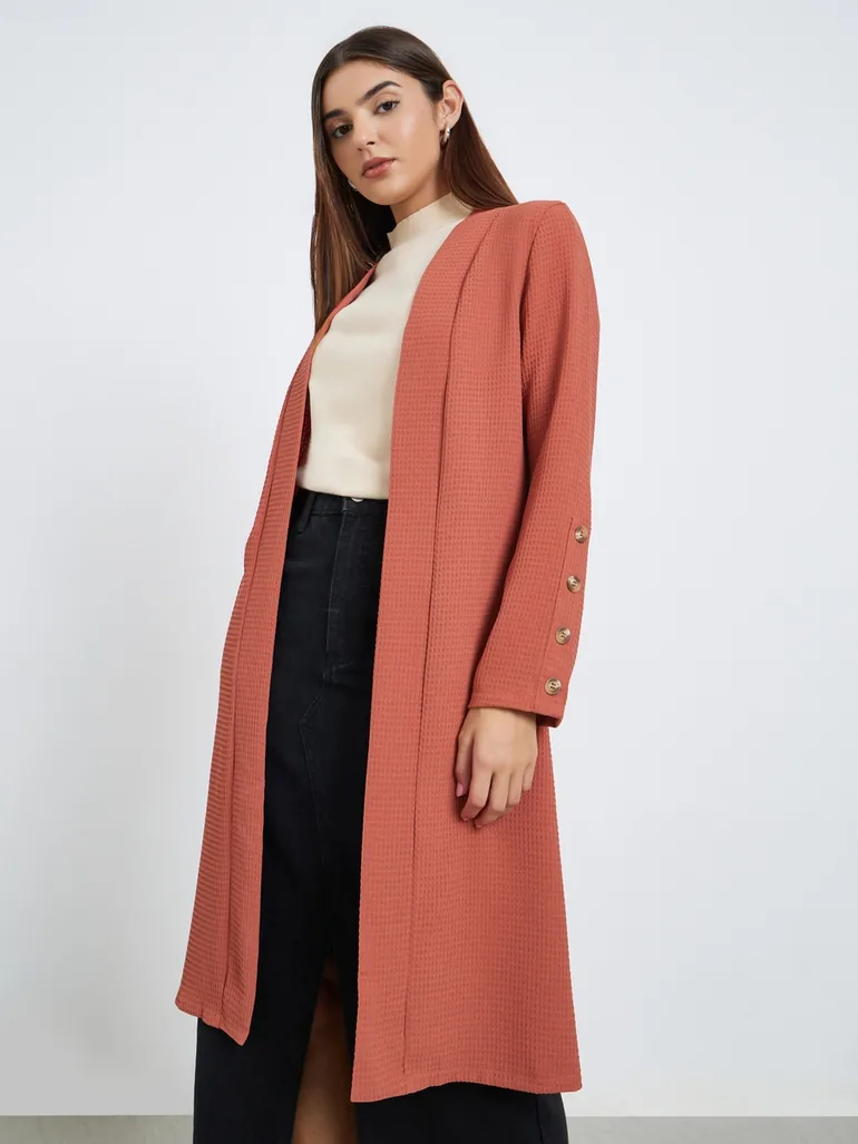 Rust Textured Front Open Kimono - 1