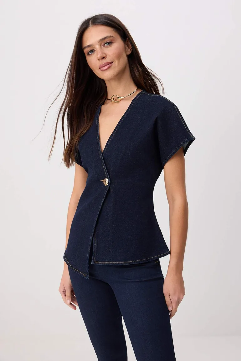 Dark Blue Button Detailed V-Neck Asymmetrical Denim Blouse - 1