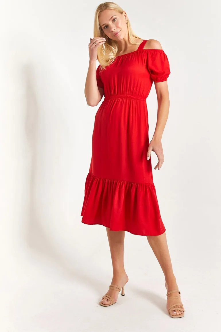 Women's Red Strapless Dress with Elastic Waist