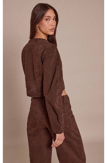 Chocolate V Neck Curved Hem Cropped Denim Jacket product thumbnail 2