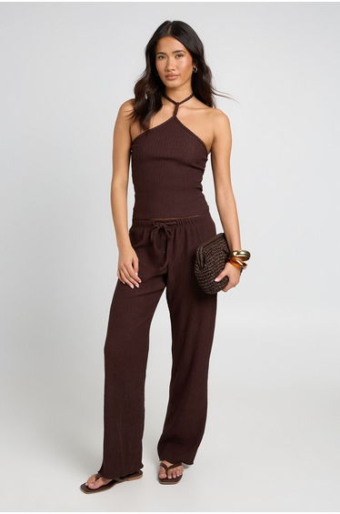 Plisse Wide Leg Trouser - chocolate