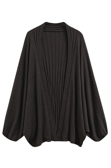 Roomy Ribbed Batwing Sleeve Open-Front Longline Cardigan in Chocolate product thumbnail 2