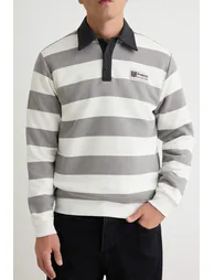 Ecru Regular/Normal Cut Polo Collar Striped Polar Fleece Inside Cotton Sweatshirt - 2