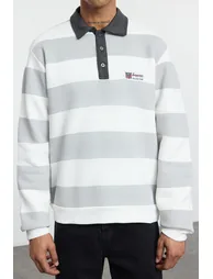 Ecru Regular/Normal Cut Polo Collar Striped Polar Fleece Inside Cotton Sweatshirt - 10
