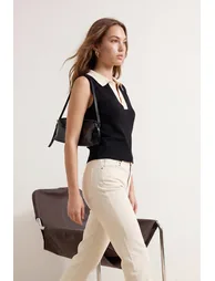 Ecru Polo Neck T-Shirt Look Knitwear Blouse - 1