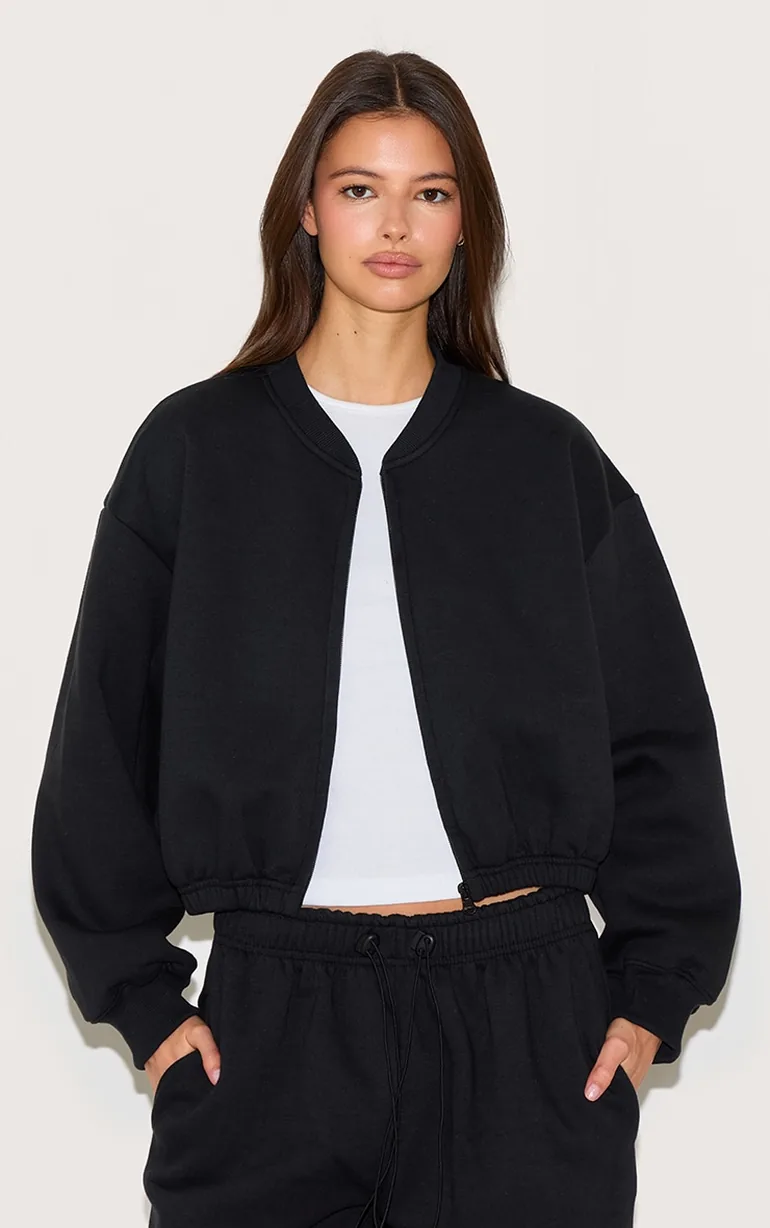 Black Drawcord Waist Cropped Zip Up Sweatshirt - 1