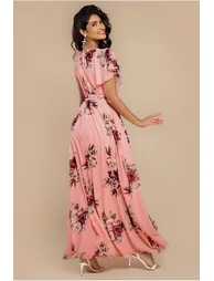 Sustainable Printed Flutter Sleeve Maxi Dress - Peach by Goddiva - 1