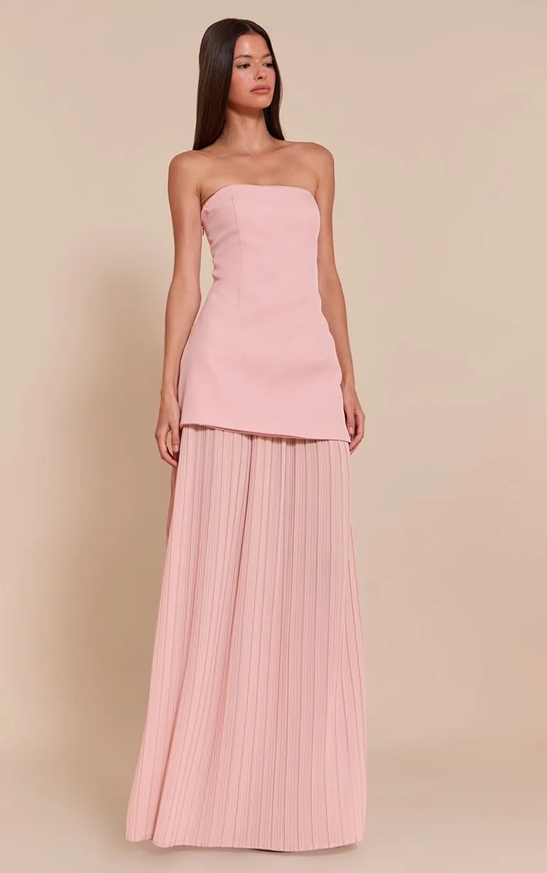 Blush Chiffon Pleated Skirt Panel Bandeau Maxi Dress - 5