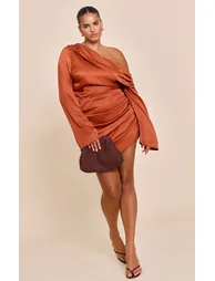 Plus Burnt Orange Satin One Shoulder Drape Bodycon Dress