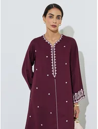 Burgundy Embroidered V Neck Jalabiya - 2